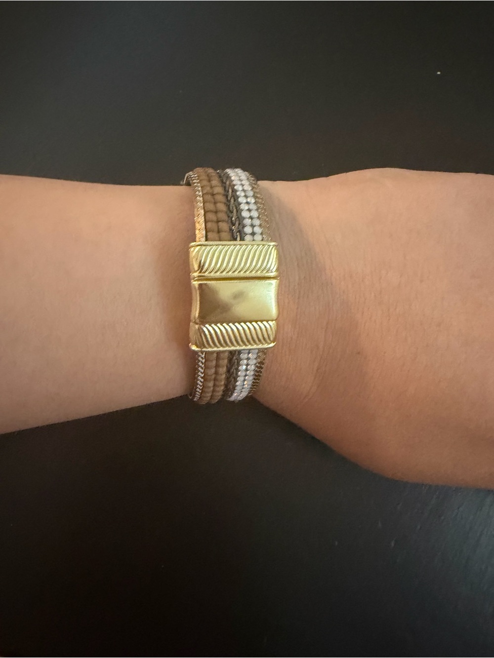 Gold-Accent Multi Strand Brown and Cream Bracelet
